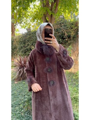 Kürklü ve Taş Detaylı Angora Kaban Kahverengi Ön Sipariş 5-10 Gün