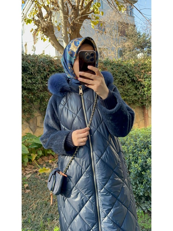 Kapitone Detaylı Angora Kaban Lacivert