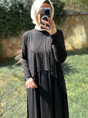 Taşlı Relax Elbise Siyah