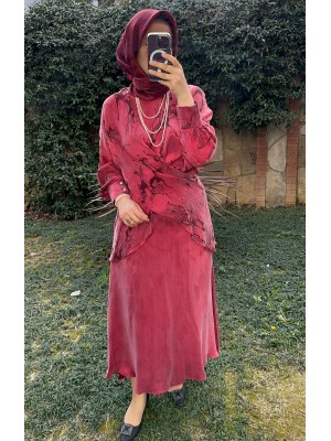 Bağlama Detaylı Etekli Takım Bordo