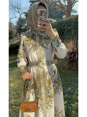 Etnik Desen Elbise Yağ Yeşili