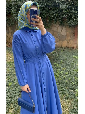 Çıtçıtlı Gömlek Elbise Mavi