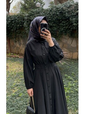 Çıtçıtlı Gömlek Elbise Siyah