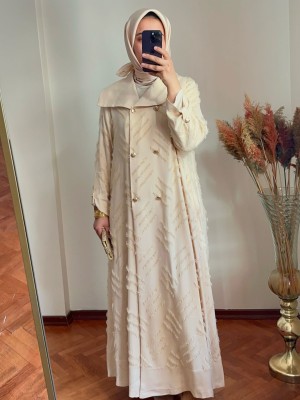Desenli Abaya Krem