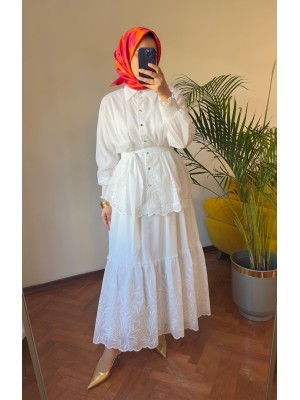 Güpür Detaylı Takım Beyaz