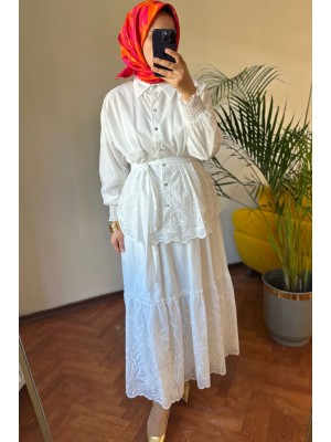 Güpür Detaylı Takım Beyaz