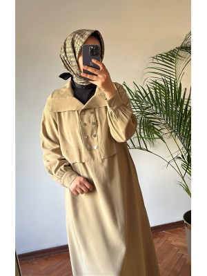 Düğmeli Tensel Elbise Camel