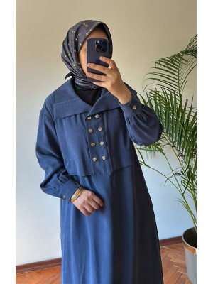 Düğmeli Tensel Elbise İndigo