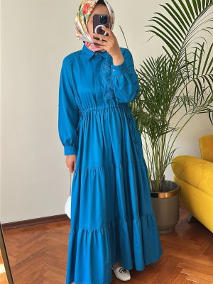 Nakış Detaylı Elbise Mavi