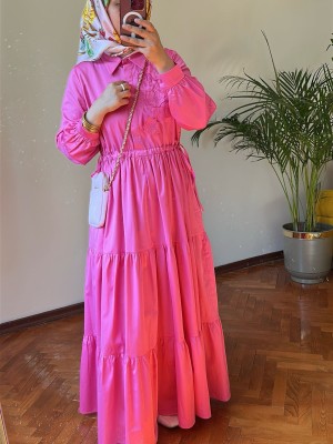 Nakış Detaylı Elbise Pembe