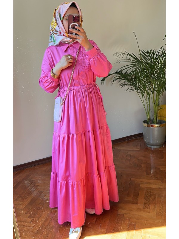 Nakış Detaylı Elbise Pembe
