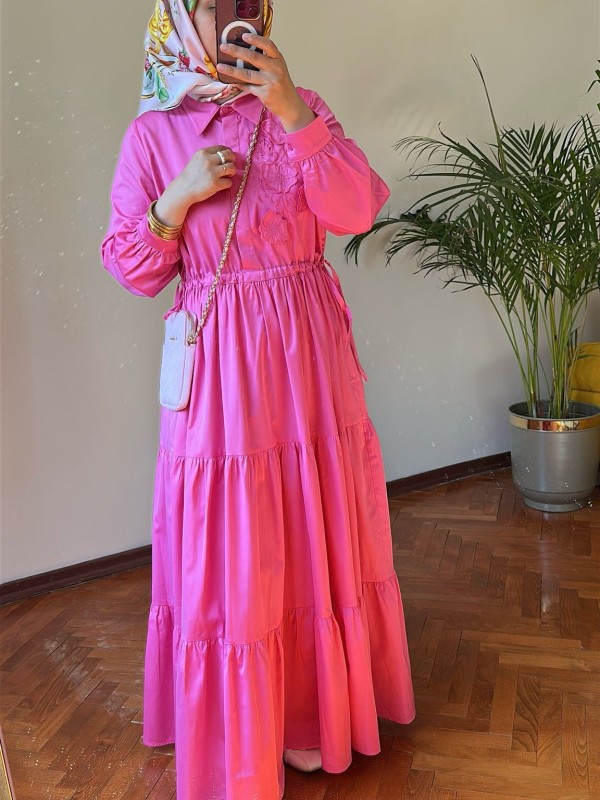 Nakış Detaylı Elbise Pembe