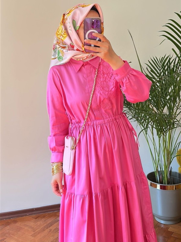 Nakış Detaylı Elbise Pembe