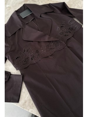 Nakış İşlemeli Trençkot Acı Kahve