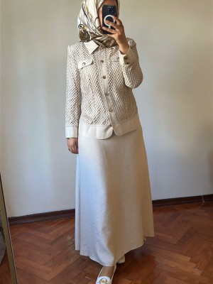 File Detaylı Etek Ceket Takım Bej