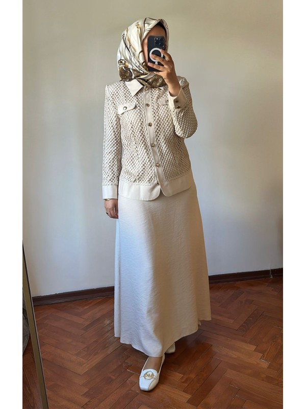 File Detaylı Etek Ceket Takım Bej