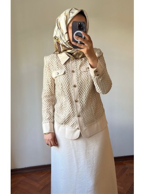 File Detaylı Etek Ceket Takım Bej