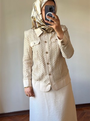 File Detaylı Etek Ceket Takım Bej