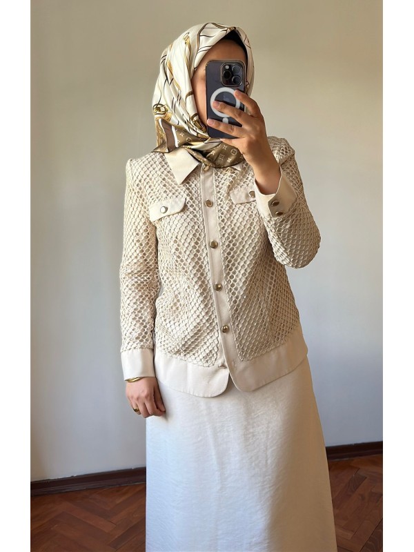 File Detaylı Etek Ceket Takım Bej