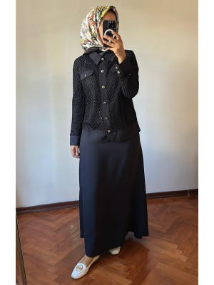 File Detaylı Etek Ceket Takım Siyah