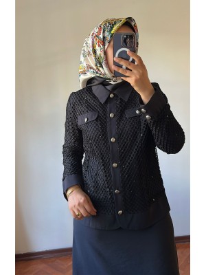 File Detaylı Etek Ceket Takım Siyah