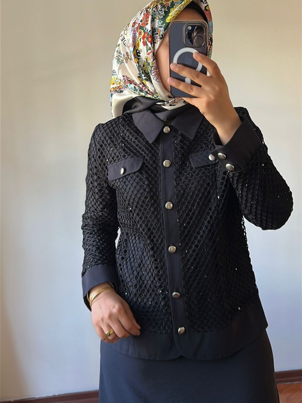 File Detaylı Etek Ceket Takım Siyah