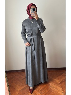İşleme Detaylı İpek Cupra Elbise Gri