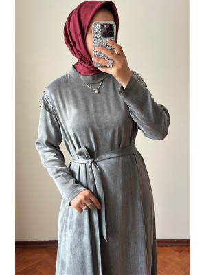 İşleme Detaylı İpek Cupra Elbise Gri