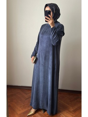 İşleme Detaylı İpek Cupra Elbise İndigo