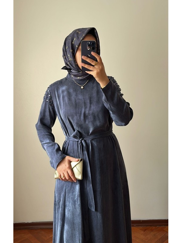 İşleme Detaylı İpek Cupra Elbise İndigo