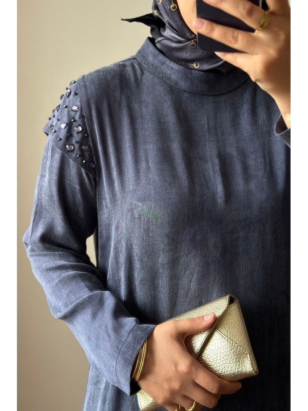 İşleme Detaylı İpek Cupra Elbise İndigo