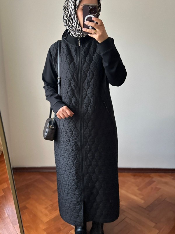 Fermuarlı Kapitone Kap Siyah