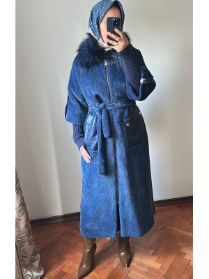 Yeni Sezon Kürklü ve Deri Detaylı Angora Kaban Lacivert