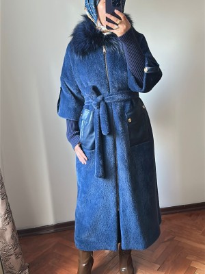 Yeni Sezon Kürklü ve Deri Detaylı Angora Kaban Lacivert