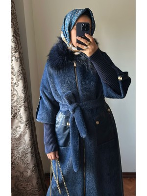 Yeni Sezon Kürklü ve Deri Detaylı Angora Kaban Lacivert
