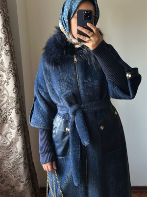 Yeni Sezon Kürklü ve Deri Detaylı Angora Kaban Lacivert