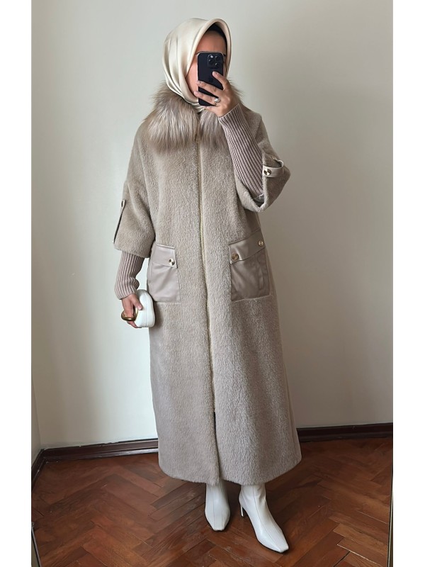 Yeni Sezon Kürklü ve Deri Detaylı Angora Kaban Vizon