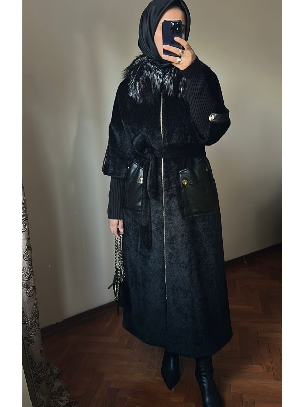 Yeni Sezon Kürklü ve Deri Detaylı Angora Kaban Siyah