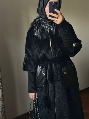 Yeni Sezon Kürklü ve Deri Detaylı Angora Kaban Siyah