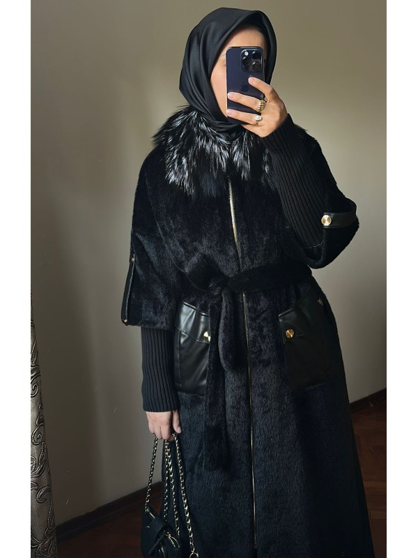 Yeni Sezon Kürklü ve Deri Detaylı Angora Kaban Siyah
