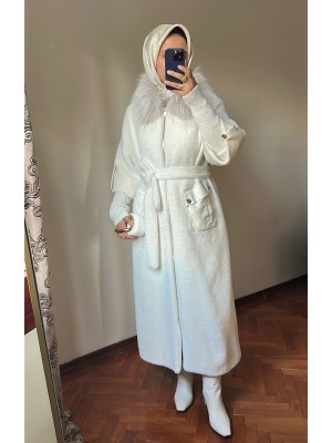 Yeni Sezon Kürklü ve Deri Detaylı Angora Kaban Ekru