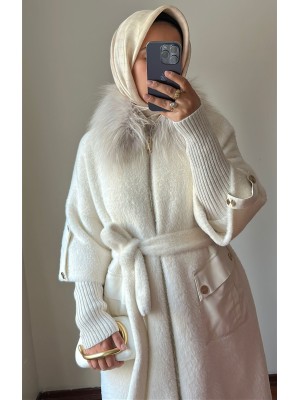 Yeni Sezon Kürklü ve Deri Detaylı Angora Kaban Ekru