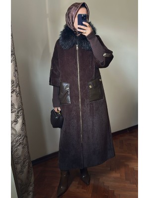 Yeni Sezon Kürklü ve Deri Detaylı Angora Kaban Kahve