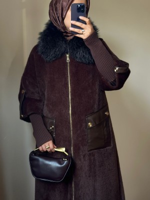 Yeni Sezon Kürklü ve Deri Detaylı Angora Kaban Kahve