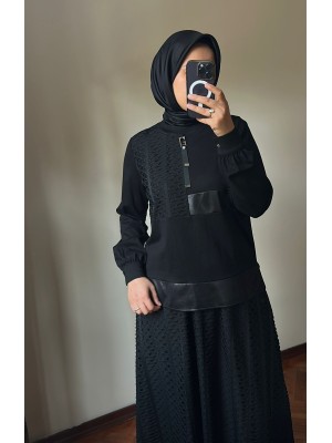 File Detaylı Etekli Takım Siyah