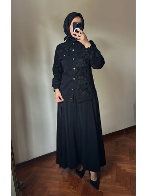 Güpür Detaylı Ceketli Takım Siyah