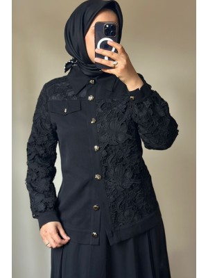 Güpür Detaylı Ceketli Takım Siyah