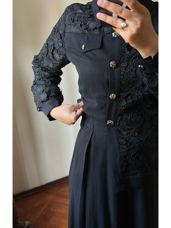 Güpür Detaylı Ceketli Takım Siyah