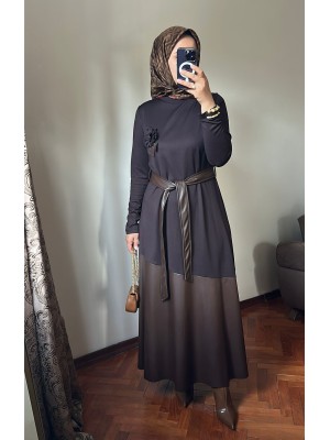Deri Detaylı Elbise Kahverengi