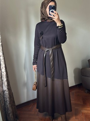 Deri Detaylı Elbise Kahverengi